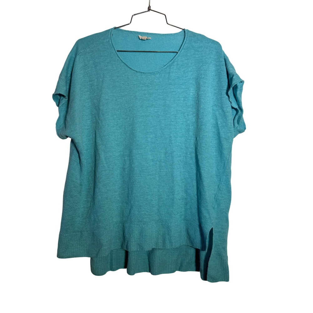 Eileen Fisher Linen Sweater Top Womens Large Blue High Low Boxy Knit